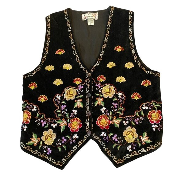 New Directions Vest Embroidered Black Velvet Artisanal Floral Design Medium - Picture 1 of 8